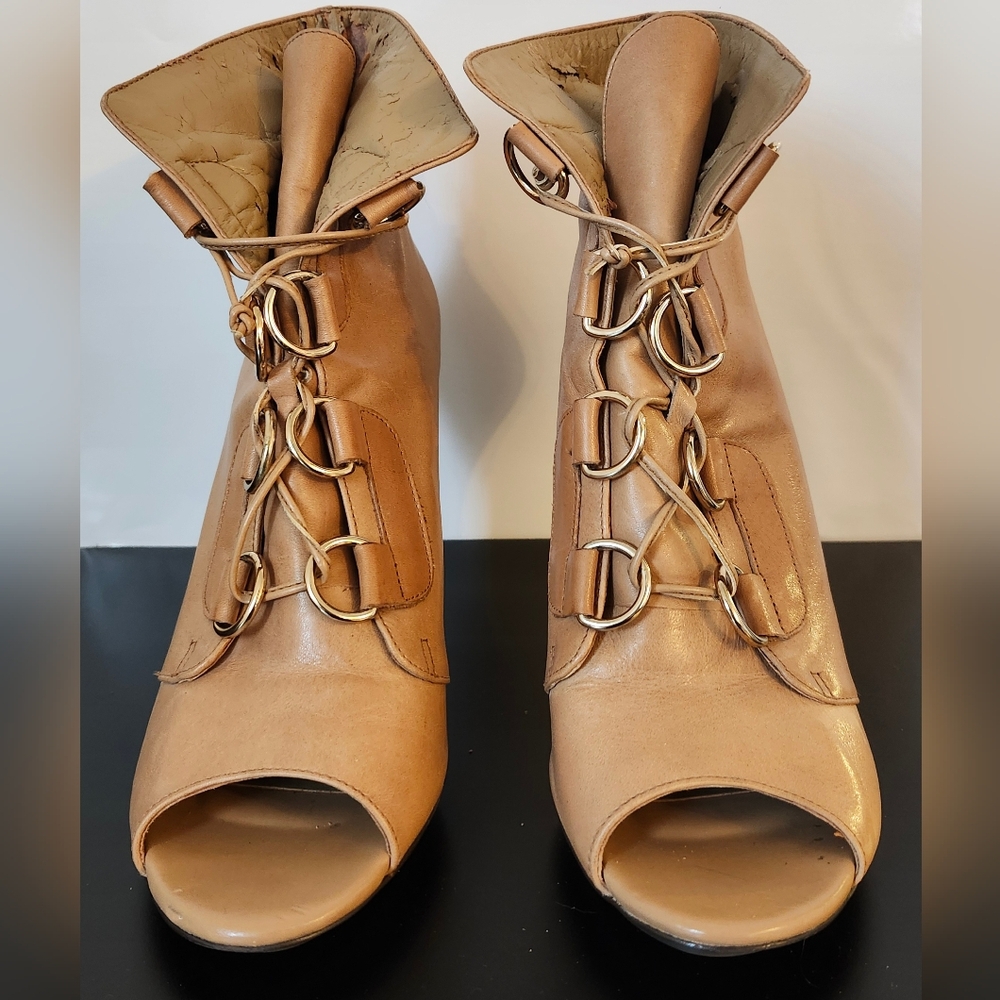 Elegant Tan Peep-Toe Ankle Boots